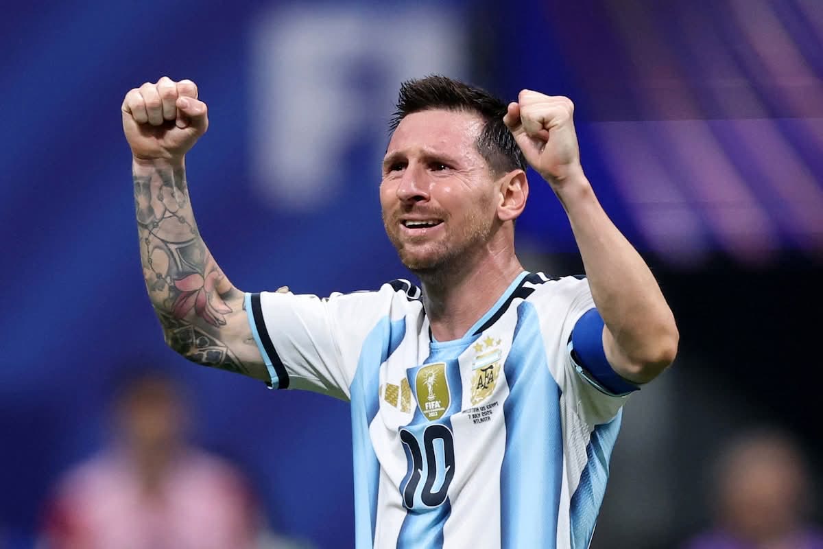 Messi celebrates the late rescue that kept Argentina alive in the bracket.