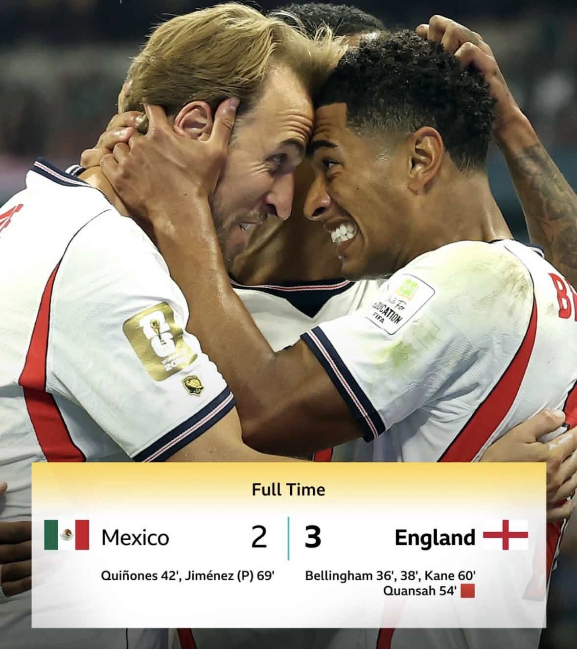 Final score graphic showing Mexico 2, England 3 after full time
