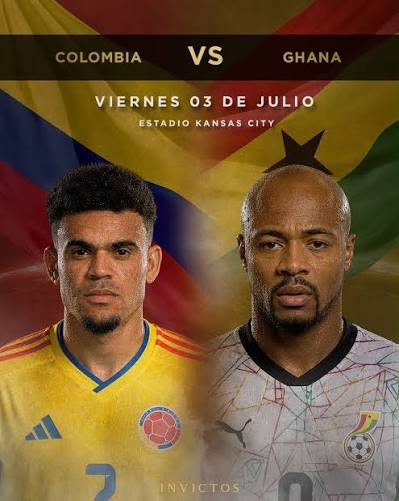 Póster del partido Colombia contra Ghana para el viernes 3 de julio en el Kansas City Stadium